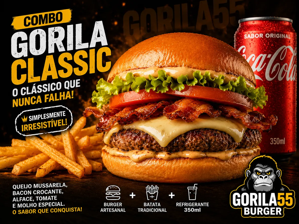 Arte promocional do Combo Gorila Classic com hambúrguer, batata e refrigerante