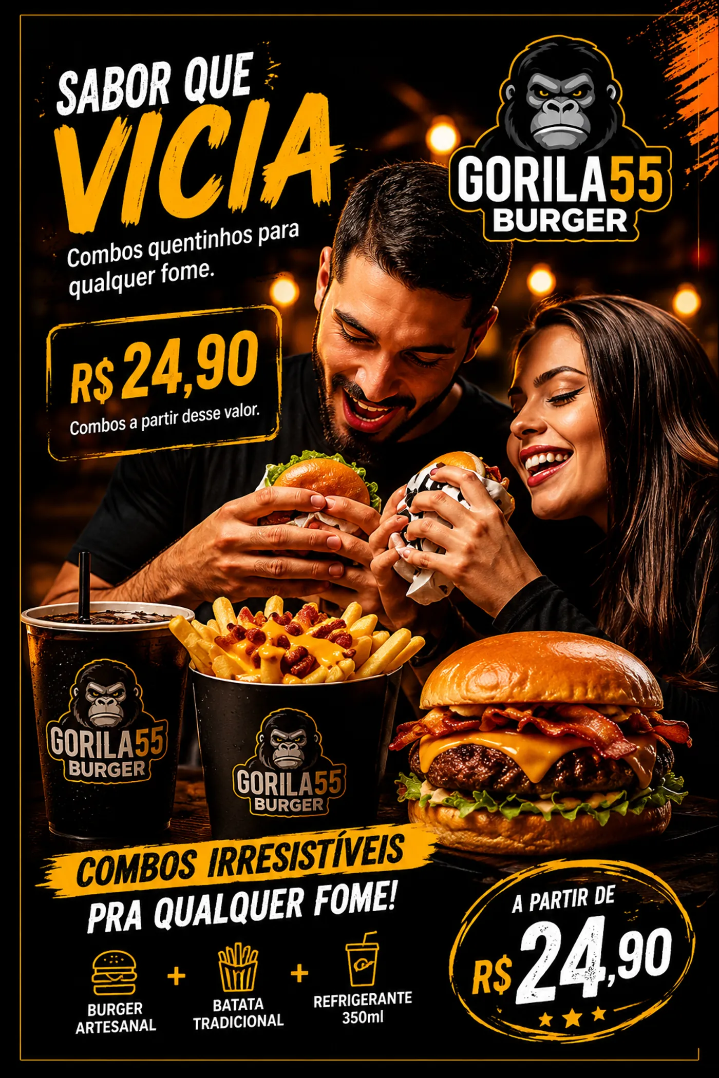 Arte promocional Gorila55 Burger: sabor que vicia, combos a partir de R$ 24,90